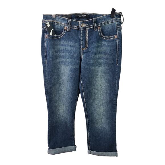 Nine West Blue Denim Capri Jeans Bling Flap Pockets Heavy Stitching NEW 4 27 - Picture 2 of 3